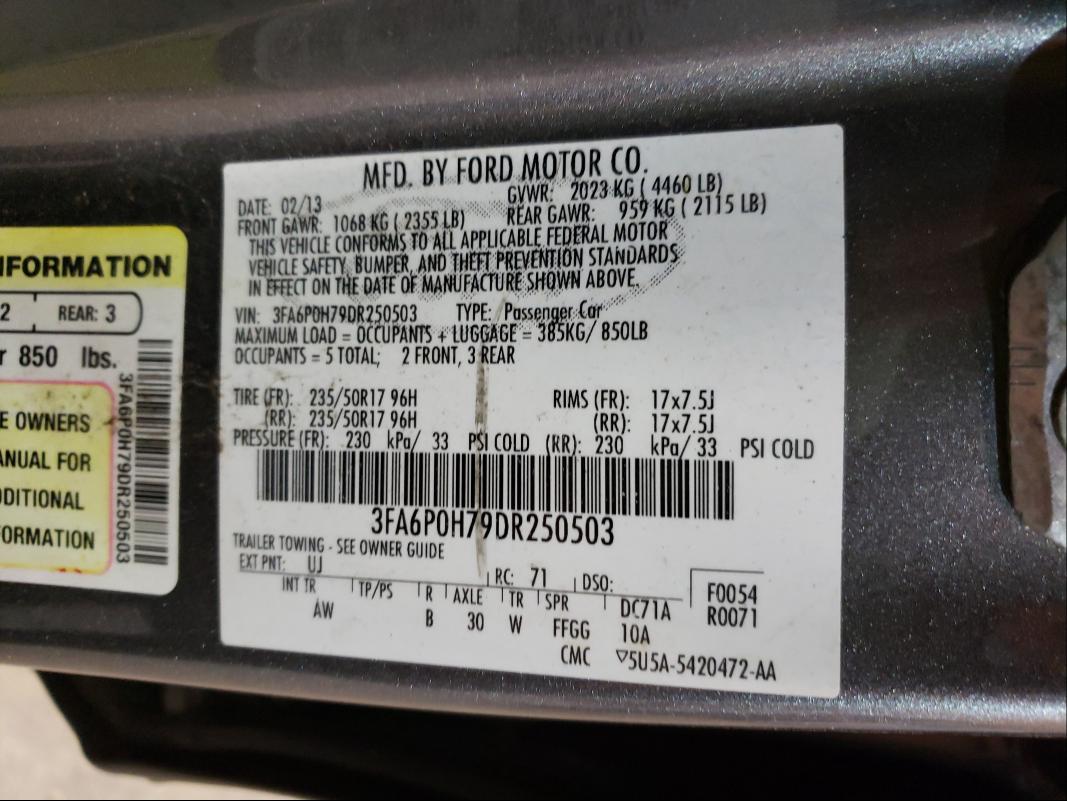 3FA6P0H79DR250503 - 2013 FORD FUSION SE GRAY photo 10