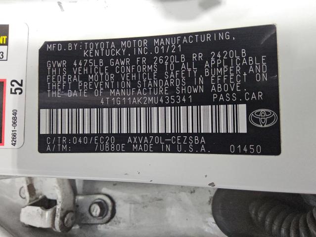 4T1G11AK2MU435341 - 2021 TOYOTA CAMRY SE 白色 照片 12