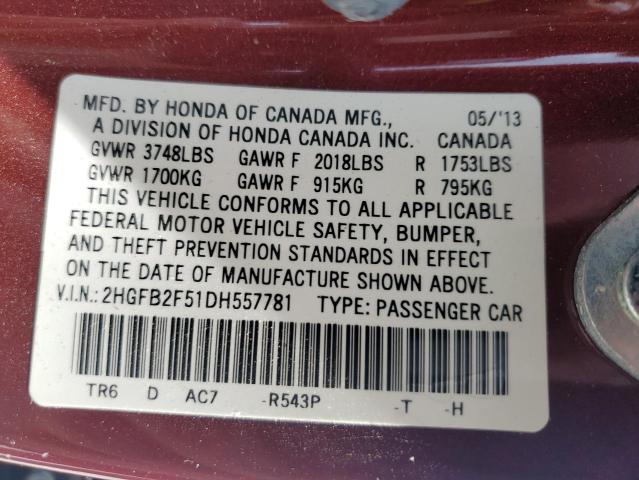 2HGFB2F51DH557781 - 2013 HONDA CIVIC LX BURGUNDY photo 12