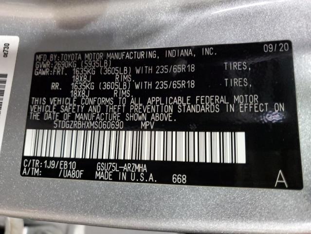 5TDGZRBHXMS060690 - 2021 TOYOTA HIGHLANDER XLE Srebrny zdjęcie 13