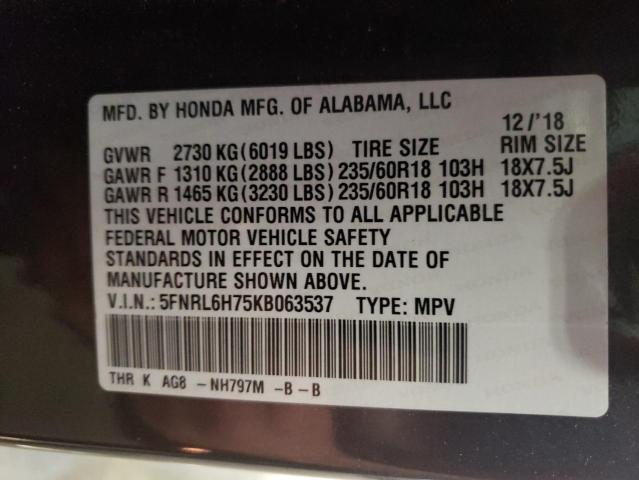 5FNRL6H75KB063537 - 2019 HONDA ODYSSEY EXL GRAY photo 13