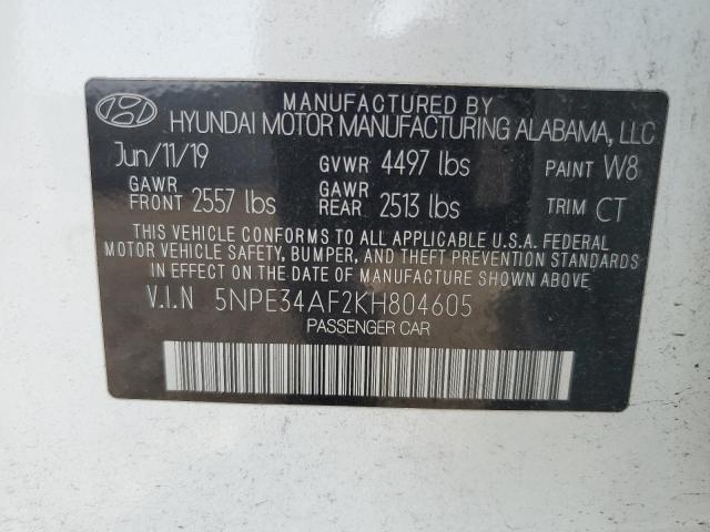 5NPE34AF2KH804605 - 2019 HYUNDAI SONATA LIMITED WHITE photo 12
