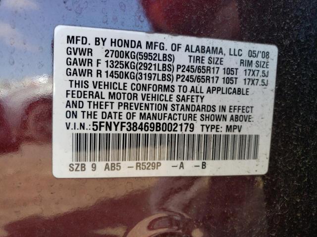 5FNYF38469B002179 - 2009 HONDA PILOT EX BURGUNDY photo 13