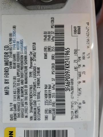 3FA6P0D97KR241965 - 2019 FORD FUSION TITANIUM WHITE photo 13