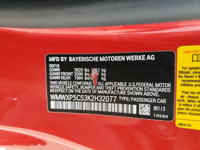 WMWXP5C53K2H32077 - 2019 MINI COOPER RED photo 12