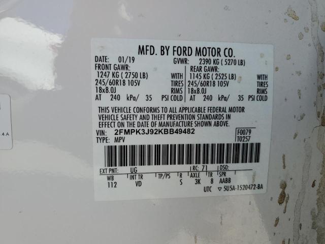 2FMPK3J92KBB49482 - 2019 FORD EDGE SEL WHITE photo 12