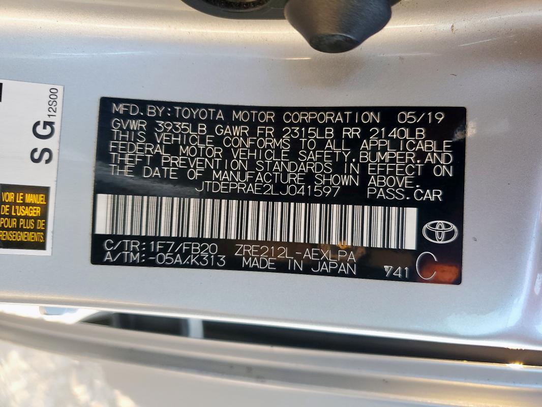 JTDEPRAE2LJ041597 - 2020 TOYOTA COROLLA LE SILVER photo 12