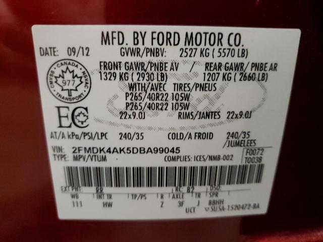 2FMDK4AK5DBA99045 - 2013 FORD EDGE SPORT RED photo 13