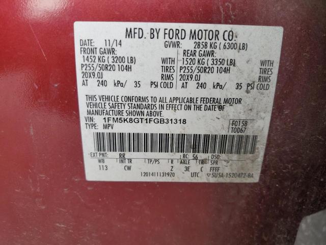 1FM5K8GT1FGB31318 - 2015 FORD EXPLORER SPORT RED photo 13