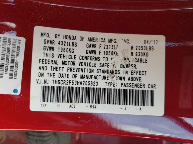1HGCR2F53HA205823 - 2017 HONDA ACCORD SPORT أحمر صورة 12