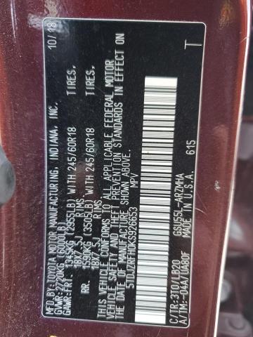 5TDJZRFH0KS926653 - 2019 TOYOTA HIGHLANDER SE BURGUNDY photo 13