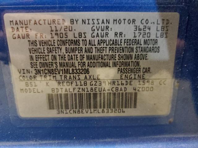 3N1CN8EV1ML833206 - 2021 NISSAN VERSA SV BLUE photo 12