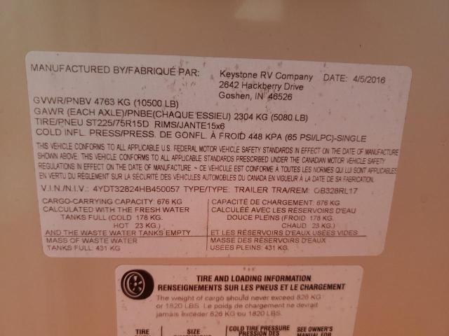 4YDT32824HB450057 - 2017 KEYSTONE OUTBACK BEIGE photo 10