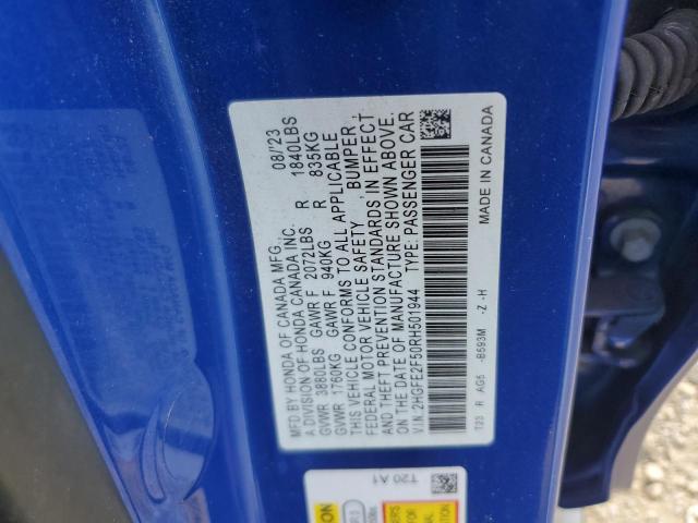 2HGFE2F50RH501944 - 2024 HONDA CIVIC SPORT BLUE photo 13