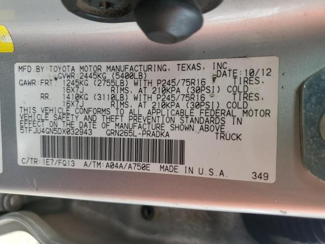 5TFJU4GN5DX032943 - 2013 TOYOTA TACOMA DOUBLE CAB PRERUNNER SILVER photo 12