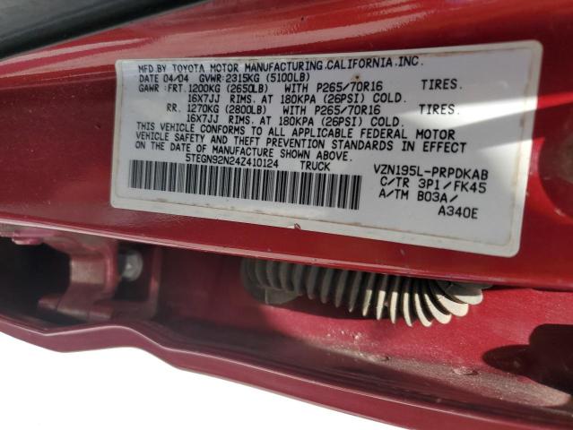 5TEGN92N24Z410124 - 2004 TOYOTA TACOMA DOUBLE CAB PRERUNNER RED photo 12