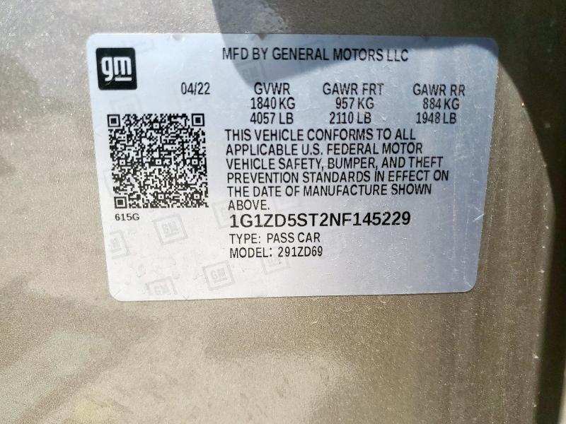 1G1ZD5ST2NF145229 - 2022 CHEVROLET MALIBU LT GOLD photo 12