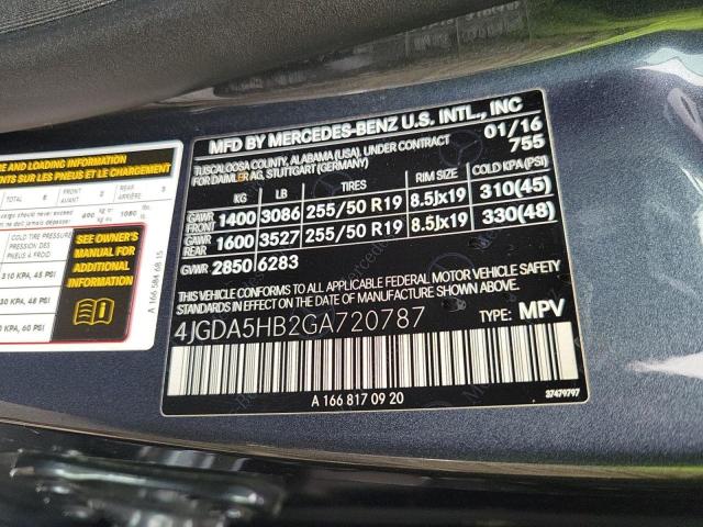 4JGDA5HB2GA720787 - 2016 MERCEDES-BENZ GLE 350 4MATIC BLUE photo 10