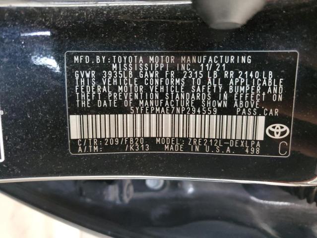 5YFEPMAE7NP294559 - 2022 TOYOTA COROLLA LE 黑色 照片 12