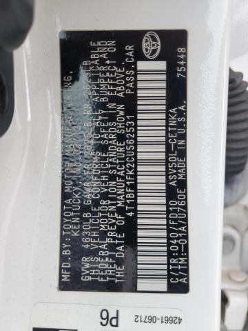 4T1BF1FK2CU562531 - 2012 TOYOTA CAMRY BASE WHITE photo 12