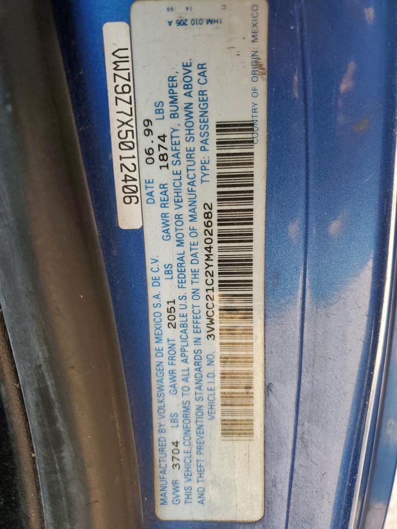 3VWCC21C2YM402682 - 2000 VOLKSWAGEN NEW BEETLE GLS ლურჯი ფოტო 12