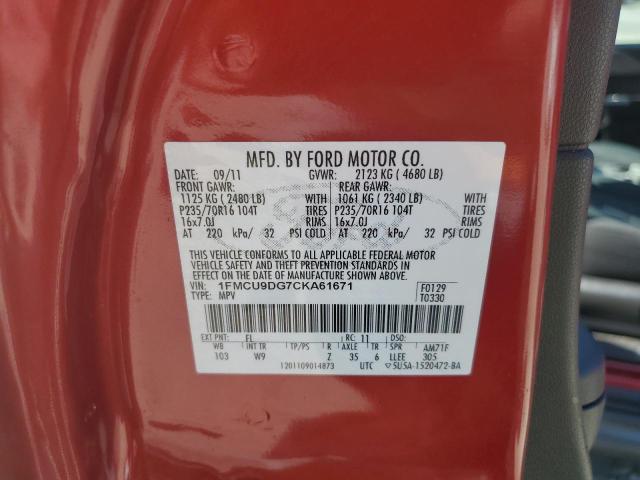 1FMCU9DG7CKA61671 - 2012 FORD ESCAPE XLT RED photo 13