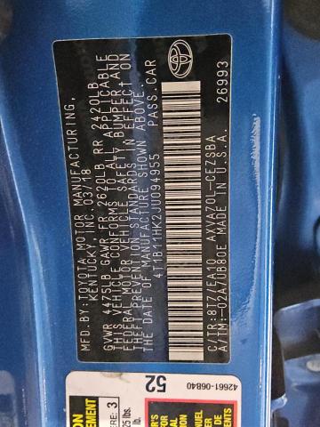 4T1B11HK2JU094955 - 2018 TOYOTA CAMRY L BLUE photo 13