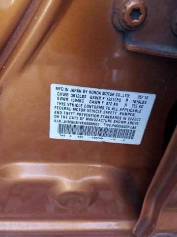 JHMGE8H4XAS008651 - 2010 HONDA FIT SPORT ORANGE photo 12