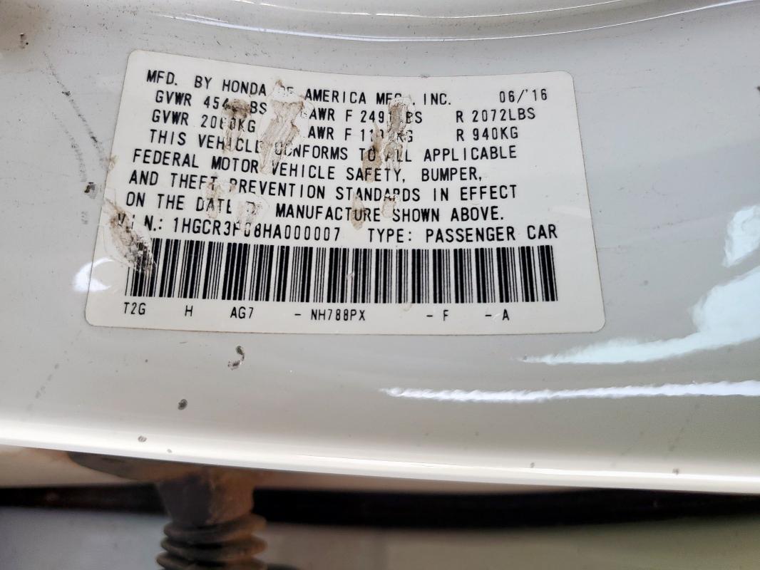 1HGCR3F08HA000007 - 2017 HONDA ACCORD EXL WHITE photo 12