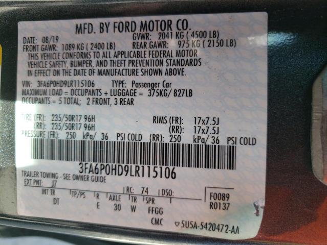 3FA6P0HD9LR115106 - 2020 FORD FUSION SE GRAY photo 13