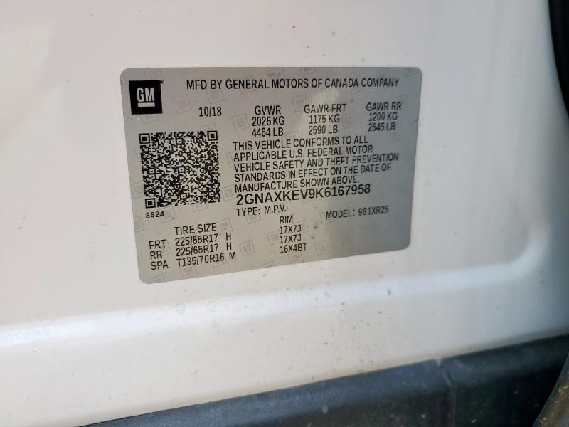 2GNAXKEV9K6167958 - 2019 CHEVROLET EQUINOX LT WHITE photo 13