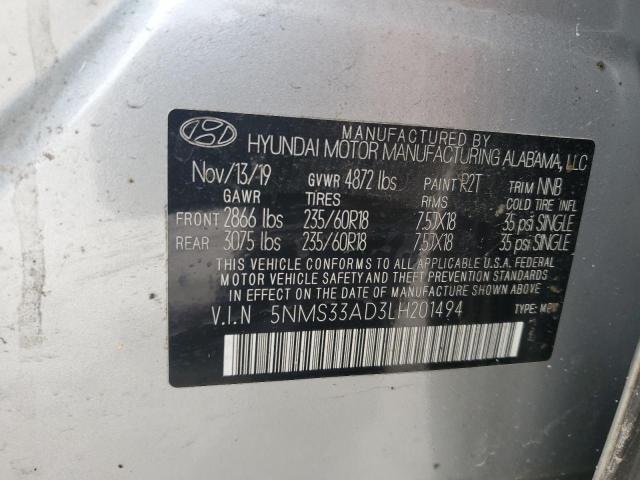 5NMS33AD3LH201494 - 2020 HYUNDAI SANTA FE SEL SILVER photo 13