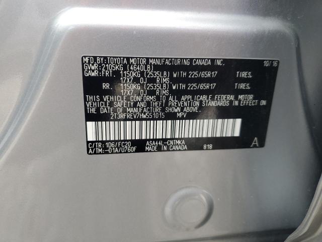 2T3RFREV7HW551015 - 2017 TOYOTA RAV4 XLE Plata foto 14