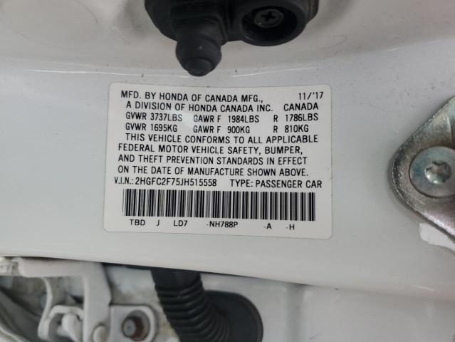 2HGFC2F75JH515558 - 2018 HONDA CIVIC EX أبيض صورة 12