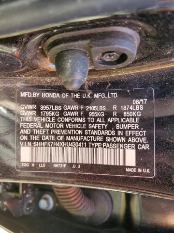 SHHFK7H4XHU430411 - 2017 HONDA CIVIC SPORT შავი ფოტო 13