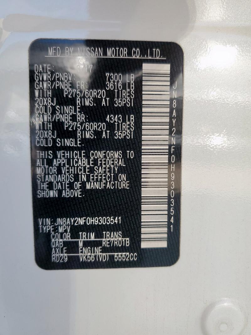 JN8AY2NF0H9303541 - 2017 NISSAN ARMADA PLATINUM WHITE photo 13