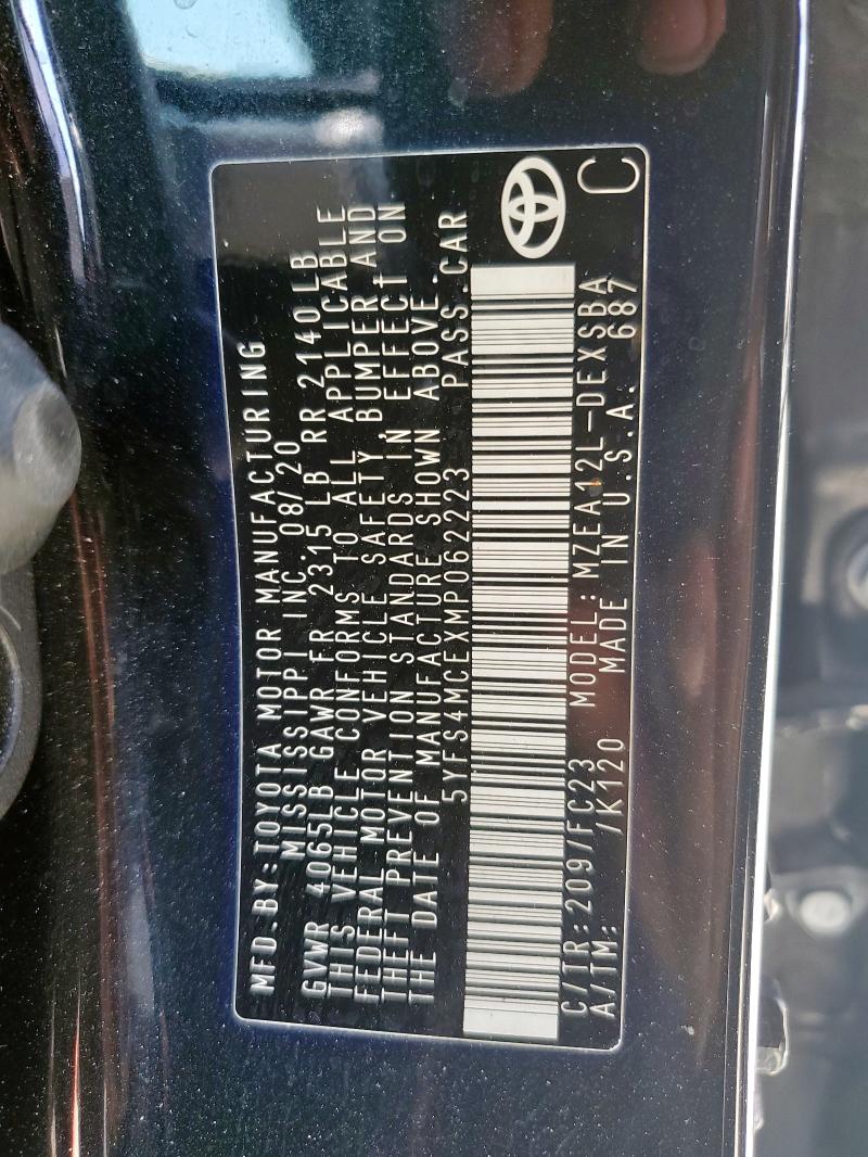 5YFS4MCEXMP062223 - 2021 TOYOTA COROLLA SE Чорний фото 12