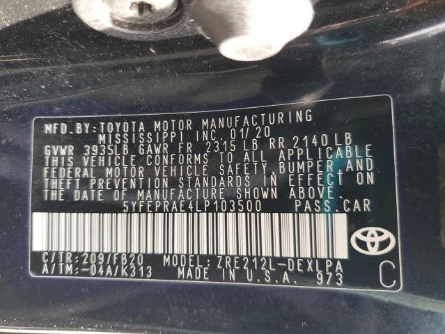 5YFEPRAE4LP103500 - 2020 TOYOTA COROLLA LE შავი ფოტო 12