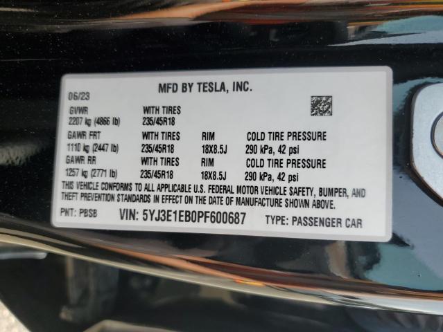 5YJ3E1EB0PF600687 - 2023 TESLA MODEL 3 Чорний фото 13