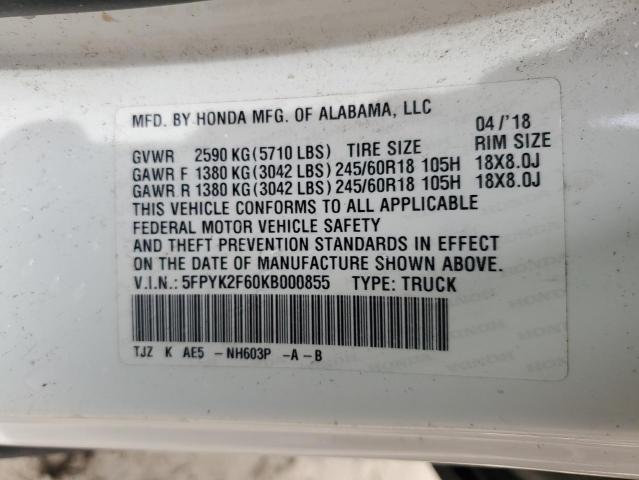 5FPYK2F60KB000855 - 2019 HONDA RIDGELINE RTL Weiß Foto 13