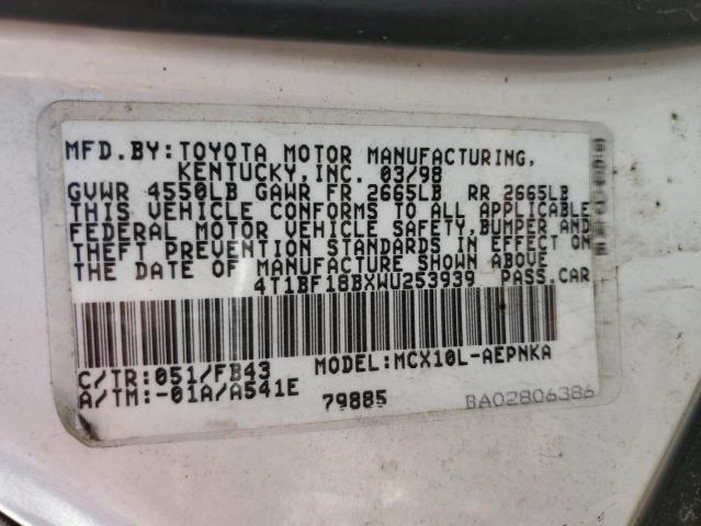 4T1BF18BXWU253939 - 1998 TOYOTA AVALON XL WHITE photo 12