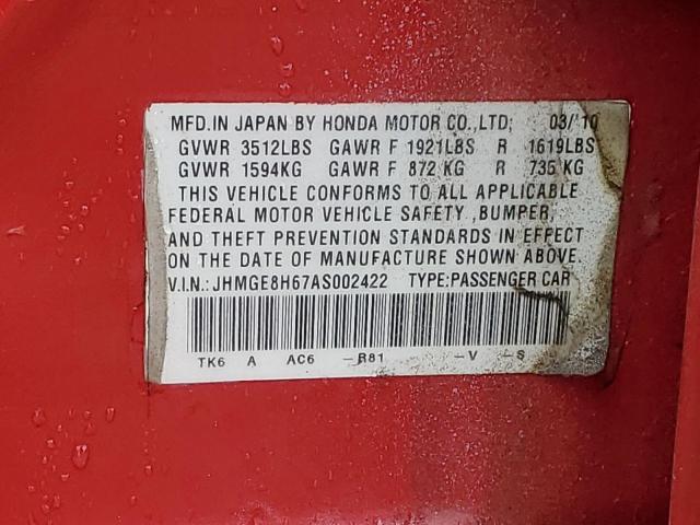 JHMGE8H67AS002422 - 2010 HONDA FIT SPORT RED photo 12