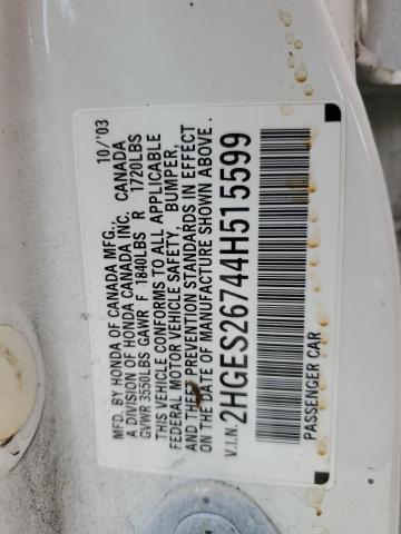 2HGES26744H515599 - 2004 HONDA CIVIC EX WHITE photo 12