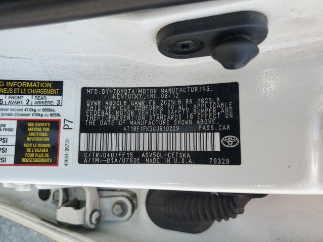 4T1BF1FK3CU610229 - 2012 TOYOTA CAMRY BASE Ağ foto 12