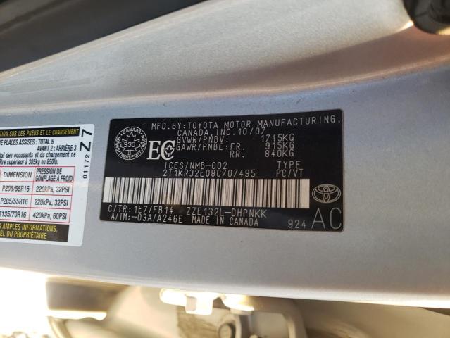 2T1KR32E08C707495 - 2008 TOYOTA COROLLA MA XR SILVER photo 13