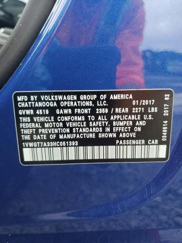 1VWGT7A33HC051393 - 2017 VOLKSWAGEN PASSAT SE 蓝色 照片 12
