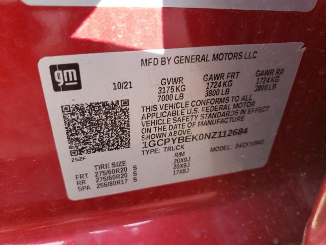 1GCPYBEK0NZ112684 - 2022 CHEVROLET SILVERADO K1500 CUSTOM RED photo 12