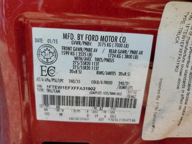 1FTEW1EFXFFA31902 - 2015 FORD F150 SUPERCREW RED photo 13
