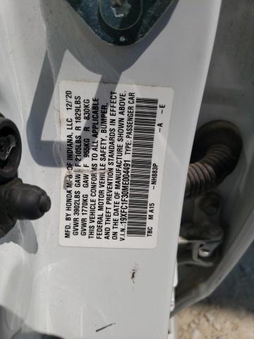 19XFC1F30ME004491 - 2021 HONDA CIVIC EX WHITE photo 12