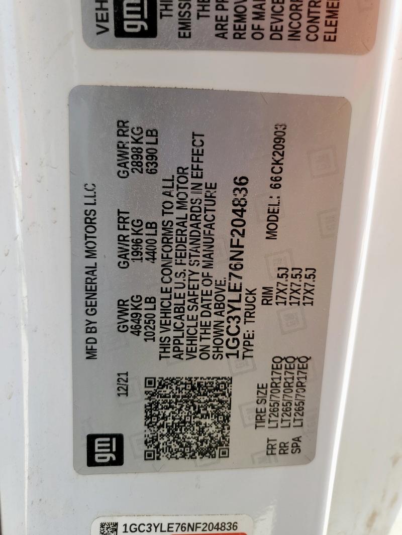1GC3YLE76NF204836 - 2022 CHEVROLET SILVERADO K2500 HEAVY DUTY WHITE photo 12